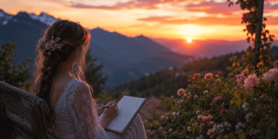 Giovane donna seduta su una panchina al tramonto mentre scrive su un quaderno, circondata da fiori e montagne. L'immagine richiama la nascita di una poesia d'amore e di nostalgia.