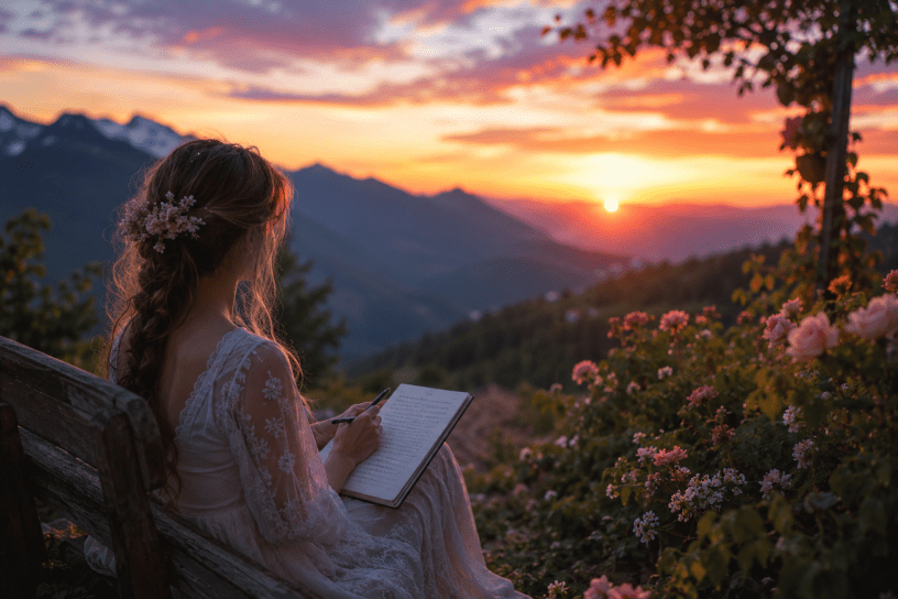 Giovane donna seduta su una panchina al tramonto mentre scrive su un quaderno, circondata da fiori e montagne. L'immagine richiama la nascita di una poesia d'amore e di nostalgia.