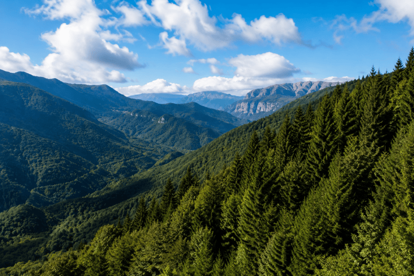Una vasta foresta italiana vista dall'alto in una giornata luminosa, con alberi rigogliosi che si estendono fino all'orizzonte tra colline e montagne. L'immagine rappresenta il patrimonio boschivo nazionale e la sua valorizzazione.