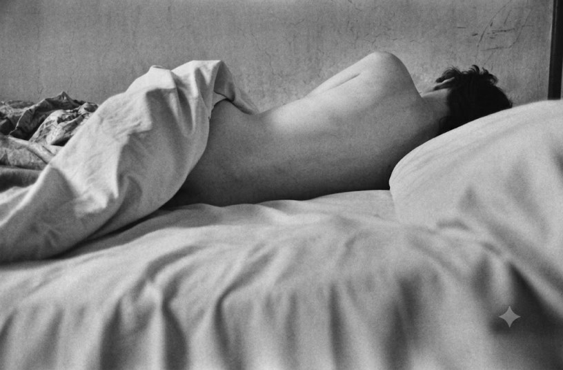 Fotografia artistica in bianco e nero di una figura femminile distesa su un letto, avvolta dalle lenzuola, in un'atmosfera intima, contemplativa e poetica.