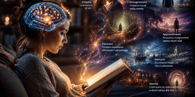 Giovane donna immersa nella lettura di un libro mentre il cervello si illumina simbolicamente e le storie prendono vita attraverso scene di fantasia, emozioni, memoria e immaginazione.