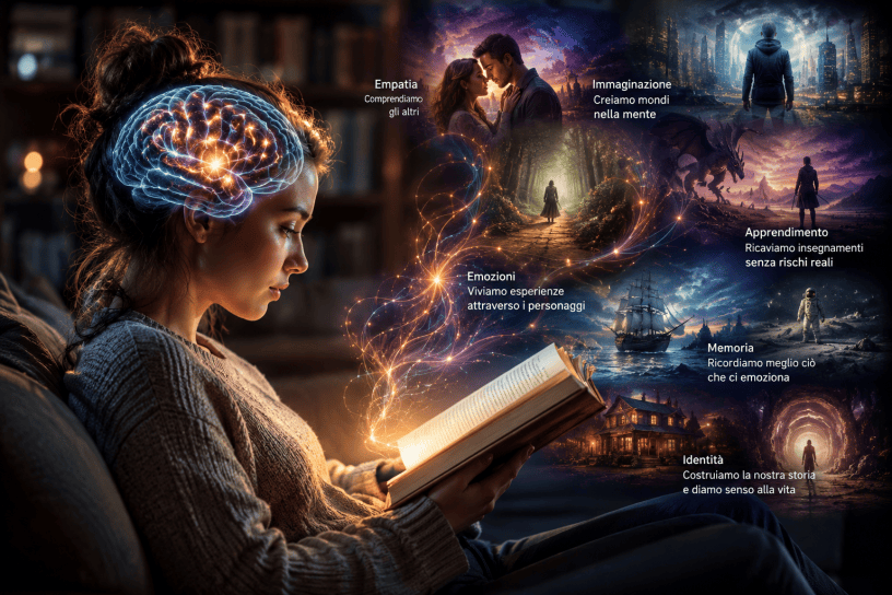 Giovane donna immersa nella lettura di un libro mentre il cervello si illumina simbolicamente e le storie prendono vita attraverso scene di fantasia, emozioni, memoria e immaginazione.