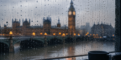 Gocce di pioggia su una finestra affacciata su una città avvolta dalla foschia, immagine evocativa ispirata alla poesia The Rain di William Ernest Henley.