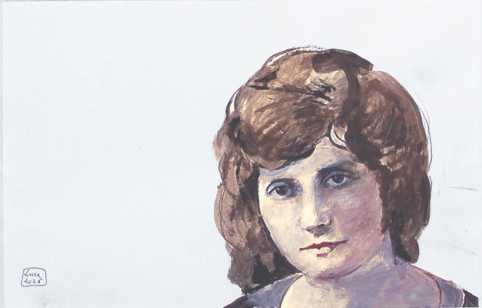 A watercolor portrait of a woman with curly brown hair, looking directly at the viewer, against a plain background.