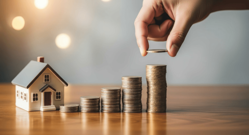 Hand placing a coin on top of increasing stacks of coins next to a miniature house.
