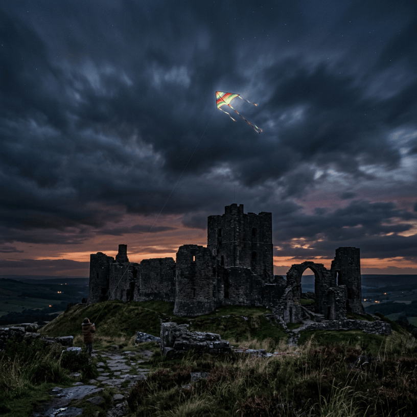 Person flying a colorful kite near dark ruins of a castle at sunset.