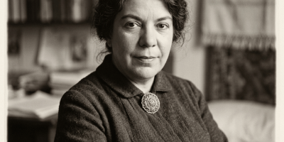Black-and-white portrait of a woman sitting indoors with a composed expression