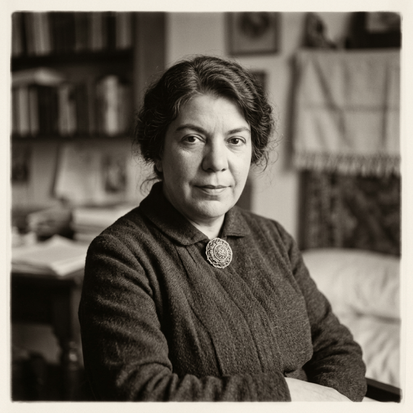 Black-and-white portrait of a woman sitting indoors with a composed expression