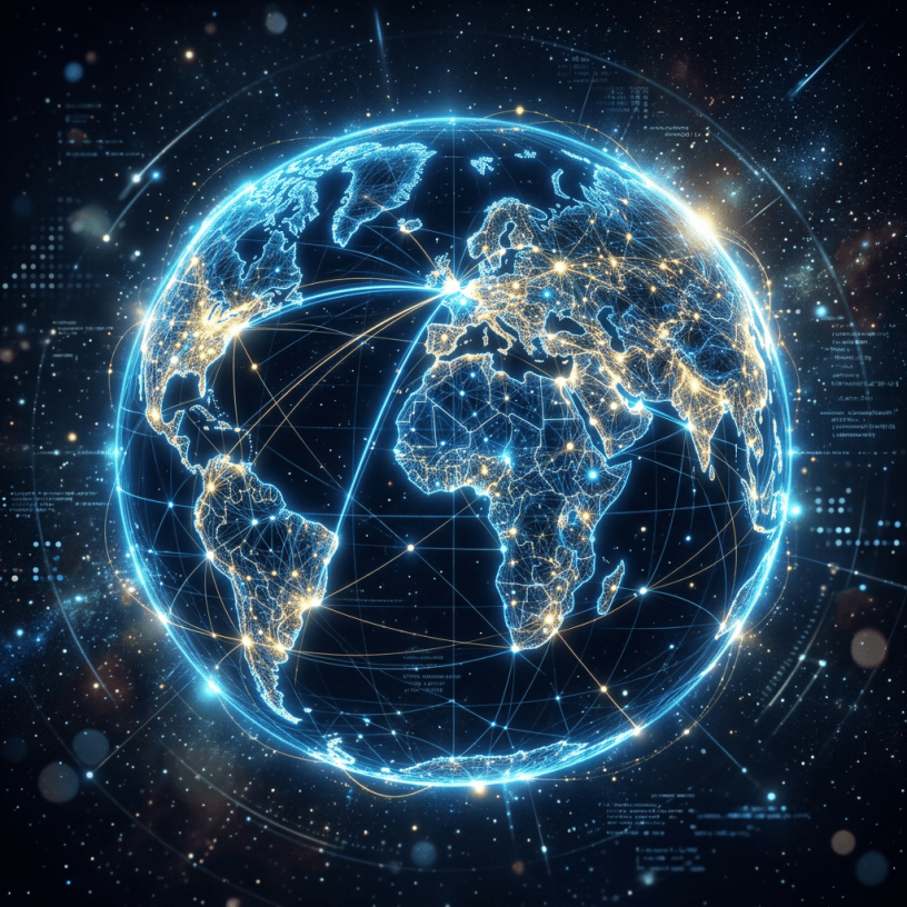 Glowing digital network connections spanning continents on a global map