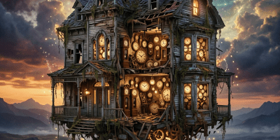 A weathered Victorian-style house floating in the sky with glowing clocks inside and mechanical gears visible