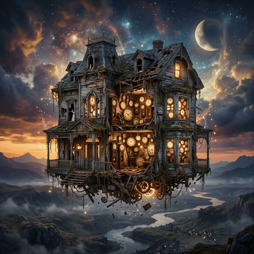 A weathered Victorian-style house floating in the sky with glowing clocks inside and mechanical gears visible