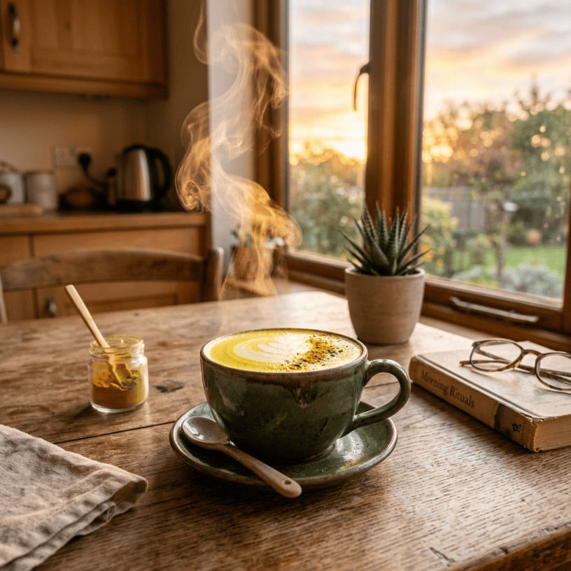 Steaming turmeric latte in a green cup on wooden table near window with book and plant