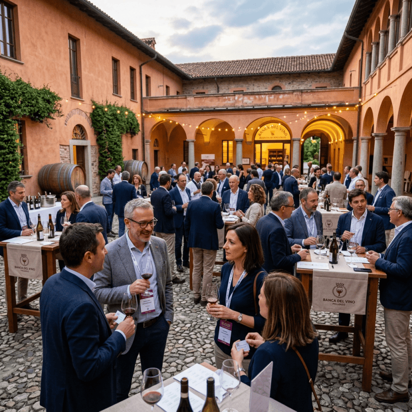 People attending a wine tasting event in an outdoor courtyard with wine glasses and bottles