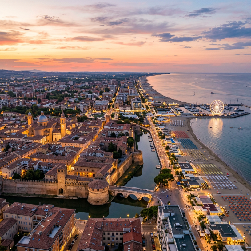 Aerial view of historic city with fortified walls, beach with colorful umbrellas, and illuminated ferris wheel at sunset