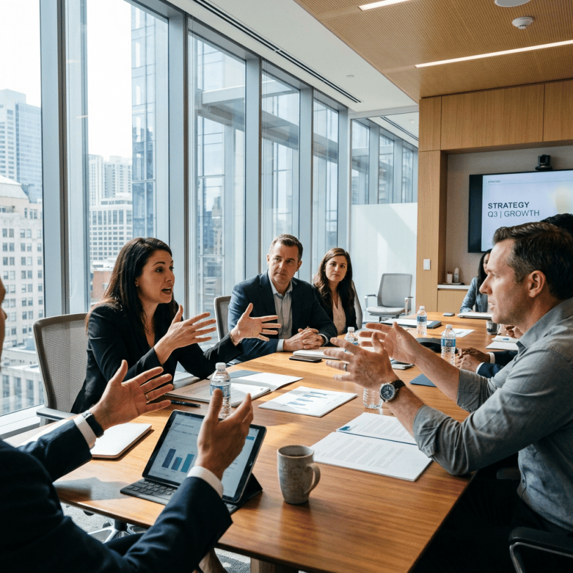 Business team having a meeting in a modern conference room discussing strategy