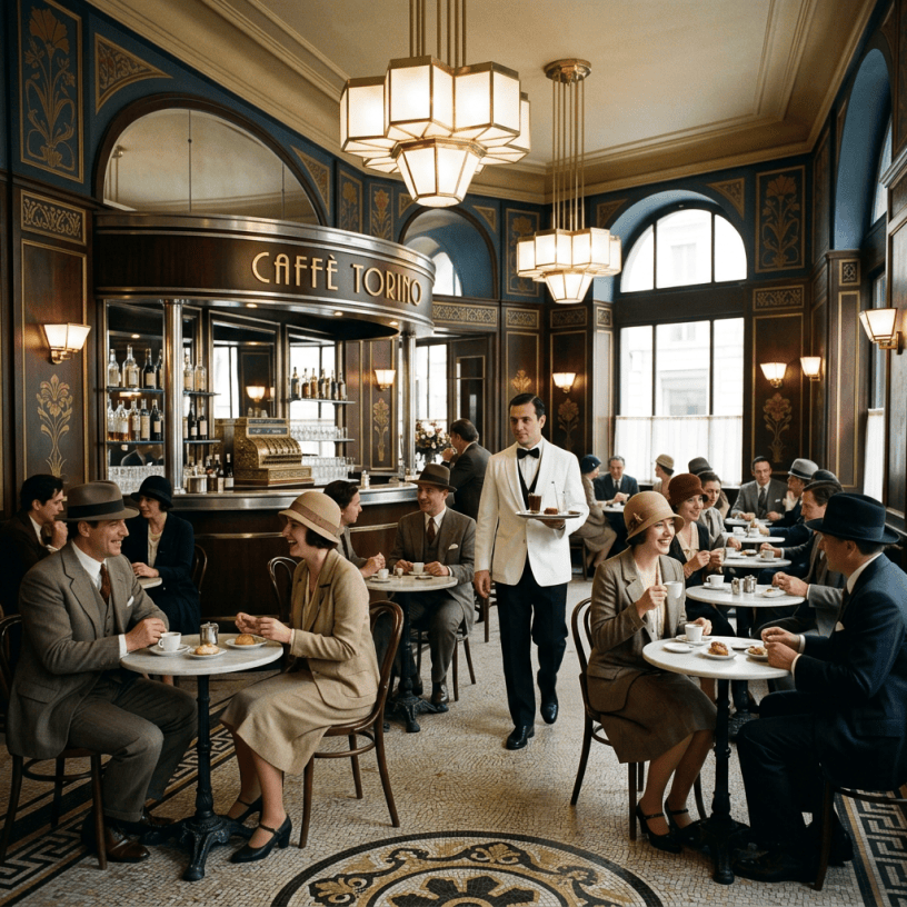 People dressed in 1920s attire sitting at small round tables in an elegant cafe named Caffè Torino