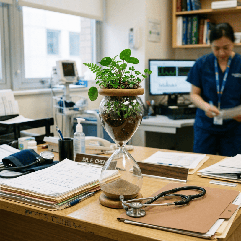 Hourglass terrarium with plants on a medical office desk with stethoscope and papers