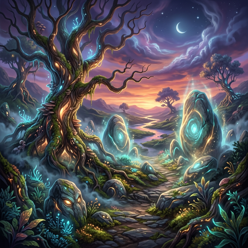 Forest path with glowing stones and twisted glowing trees under a crescent moon in a magical atmosphere