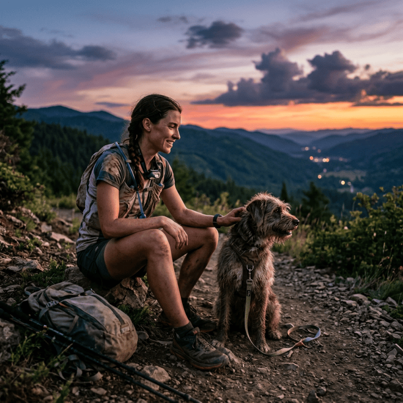 Woman sitting on a mountain trail petting a dog at sunset