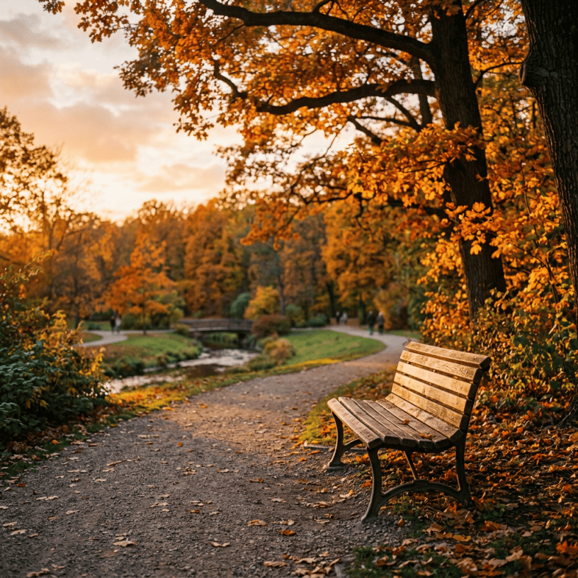 Empty wooden park bench beside a gravel path with autumn trees and fallen leaves