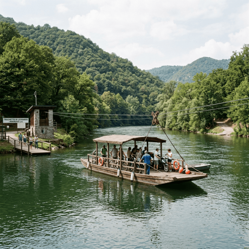 Cable ferry with people and bicycles crossing a green river in a forested hilly area