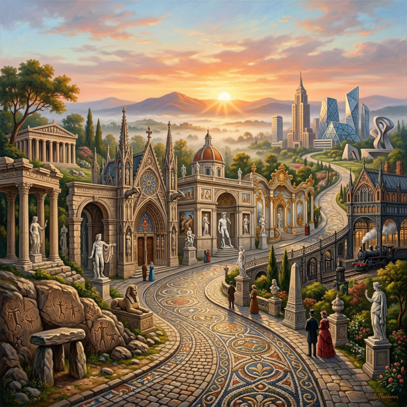 A mosaic path winding through diverse architectural landmarks from ancient temples to modern skyscrapers with classical statues and people in historical clothing.