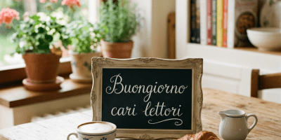 Framed chalkboard with Italian greeting, cappuccino in cup and saucer, croissant on plate with napkin, cream pitcher on wooden table