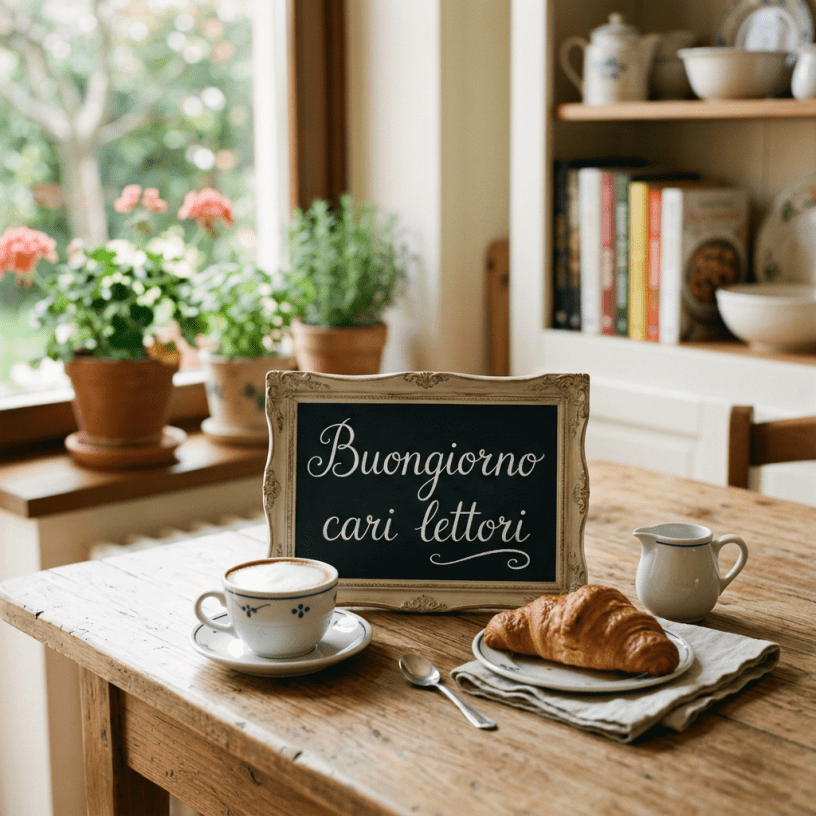 Framed chalkboard with Italian greeting, cappuccino in cup and saucer, croissant on plate with napkin, cream pitcher on wooden table