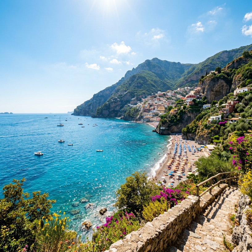 Mediterranean coastal village with terraced houses, clear blue sea, beach umbrellas, and boats