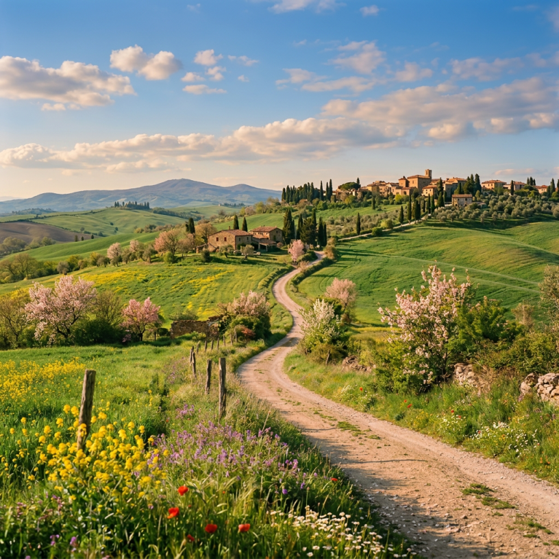 Winding dirt road through green fields with blooming trees leading to a Tuscan hilltop village