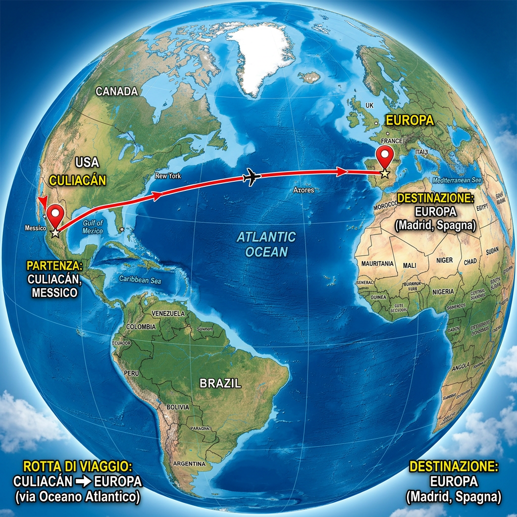 Map of flight route from Culiacán, Mexico, to Madrid, Spain, over the Atlantic Ocean