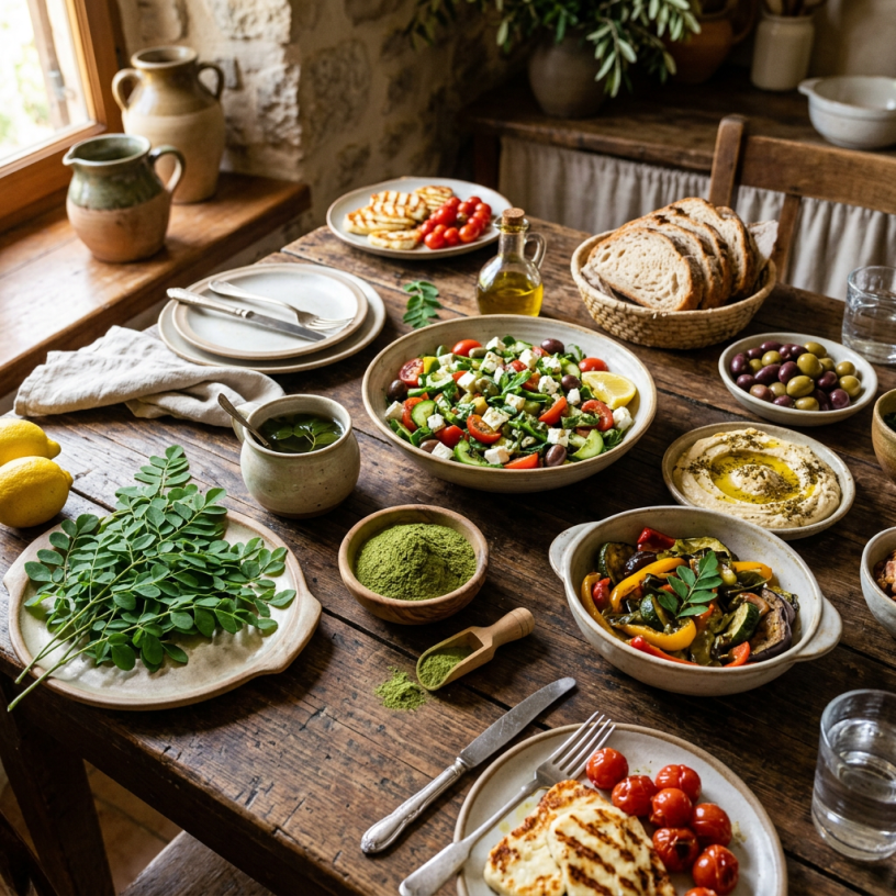 Wooden table with Mediterranean dishes including salad, roasted vegetables, olives, hummus, grilled cheese, tomatoes, bread, and fresh herbs
