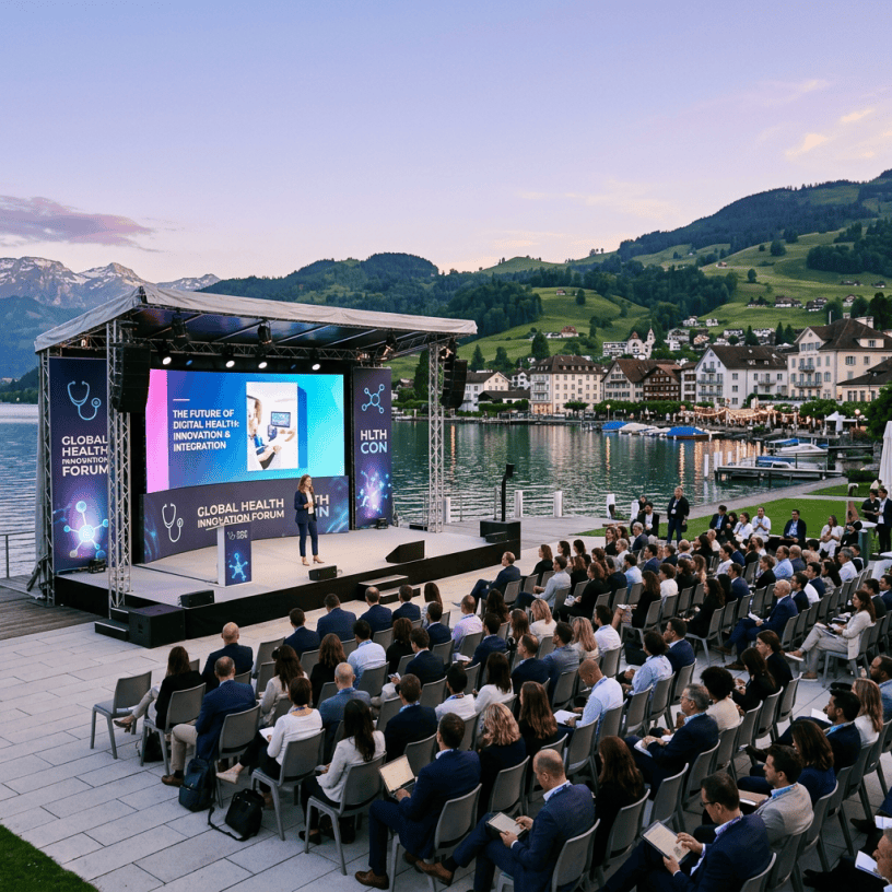 Speaker presenting at outdoor health innovation conference with audience seated by a lake
