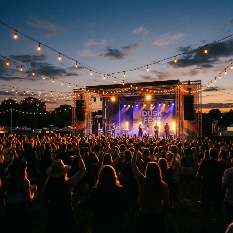 Outdoor music festival stage with band performing and crowd under string lights at sunset