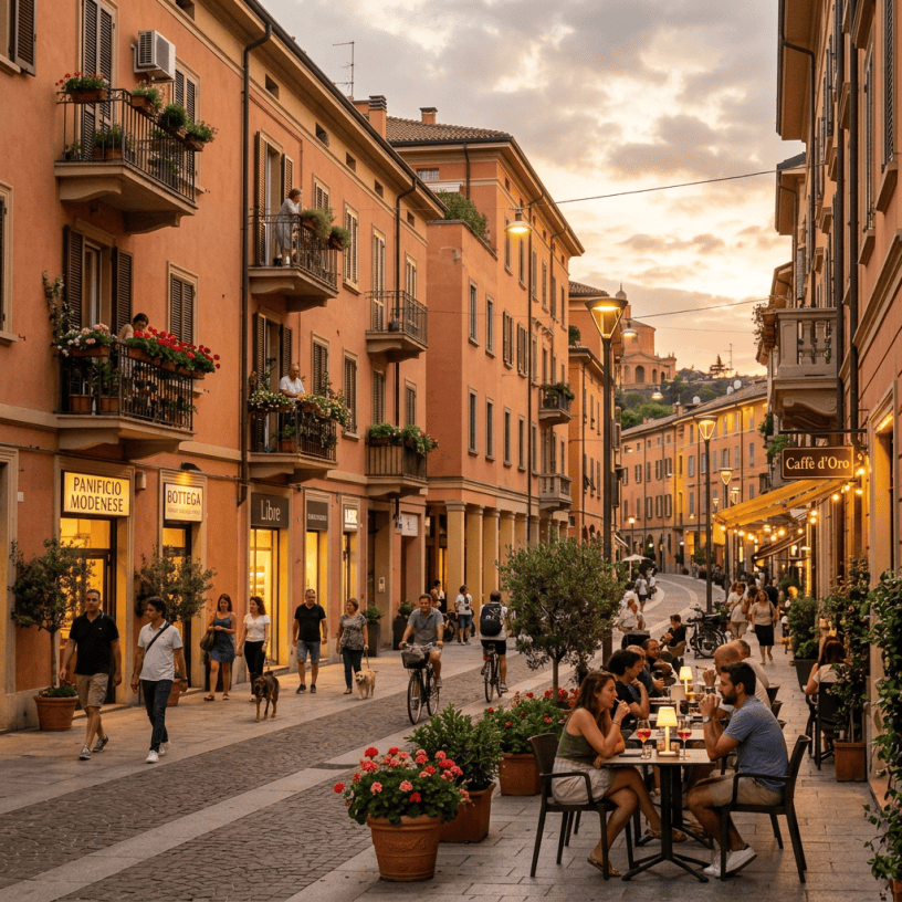People walking, cycling, and dining on a vibrant Italian street at sunset with flower pots and traditional buildings