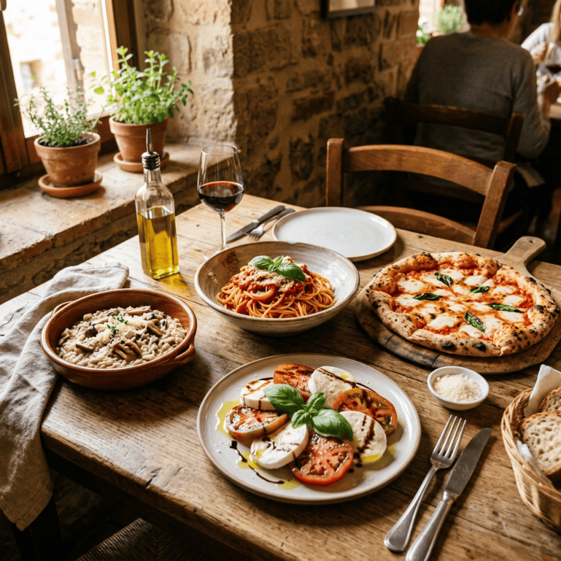 Italian meal with spaghetti, pizza, caprese salad, olive oil, and wine on wooden table