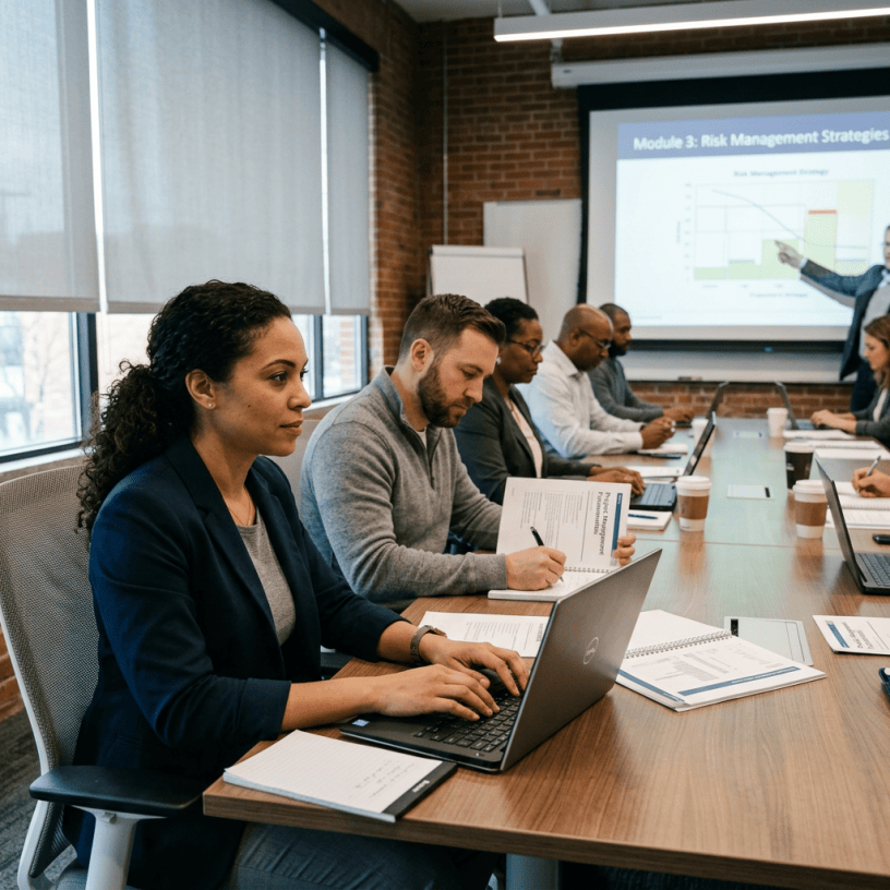 People attending a meeting focusing on risk management strategies