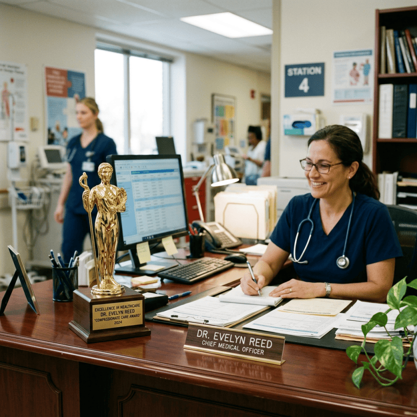 Female doctor Dr. Evelyn Reed at her office desk with Compassionate Care Award trophy