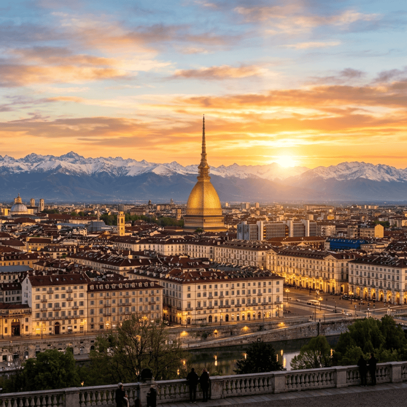 Turin cityscape featuring Mole Antonelliana at sunset with snowy Alps behind