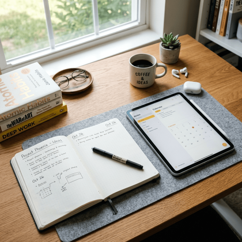 Desk with open notebook titled Project Phoenix Ideas, tablet showing calendar app, coffee mug reading Coffee & Ideas, stack of productivity books, and glasses