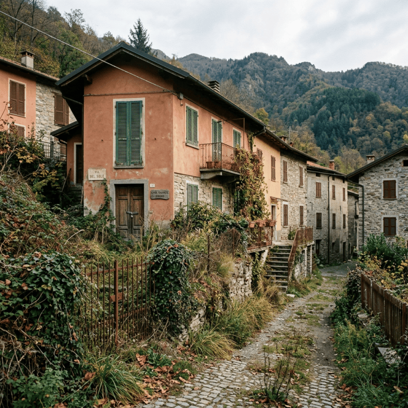 Stone and stucco houses with wooden shutters and ivy along a narrow cobblestone path in a mountain village
