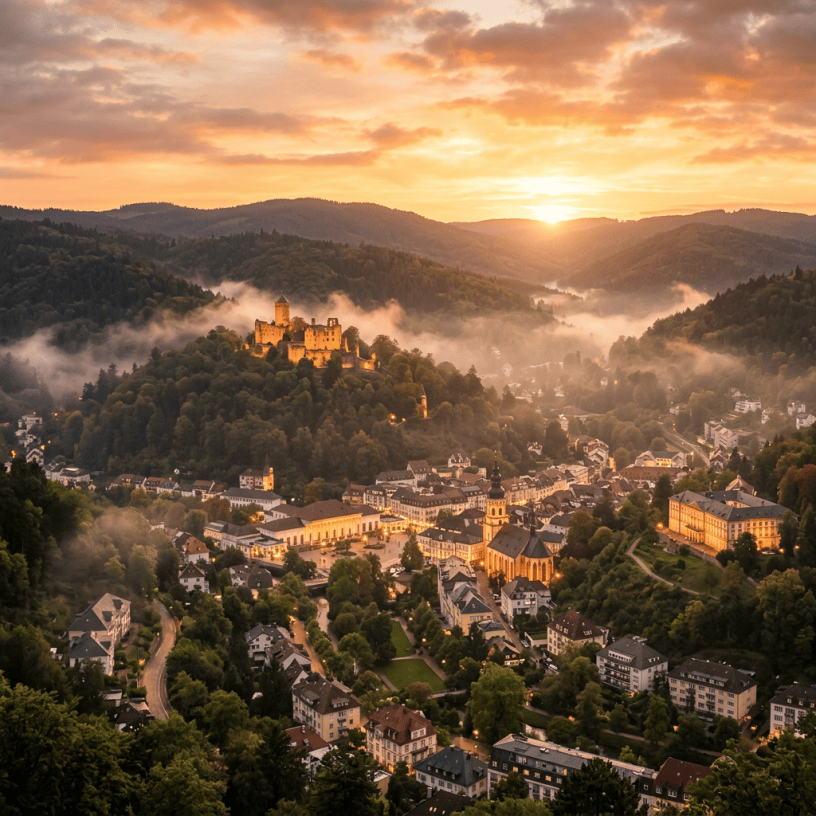 Sunrise over a town with a castle on a forested hill and mist