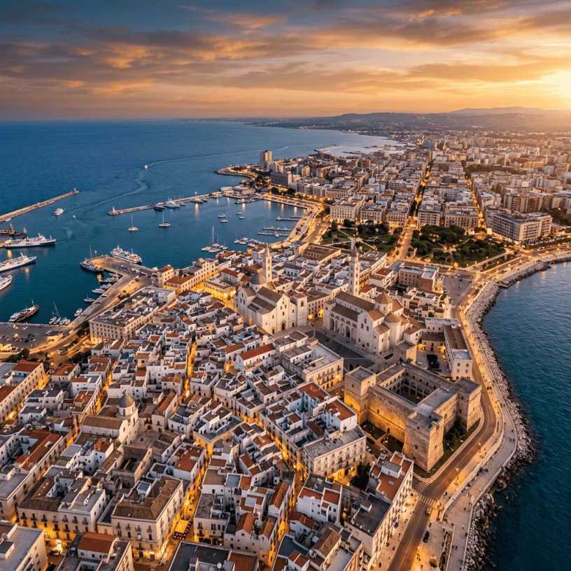 Aerial view of coastal city with historic architecture, harbor, and boats at sunset