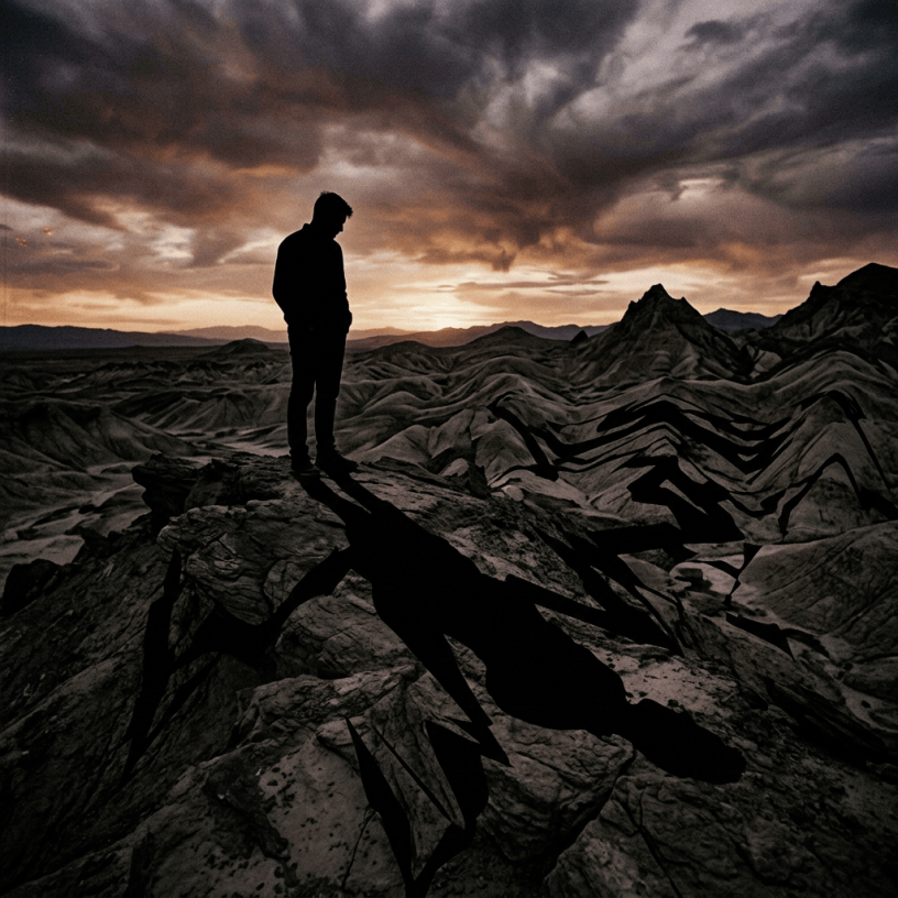 Silhouette of person standing on rock overlooking rugged desert hills under a colorful sunset sky