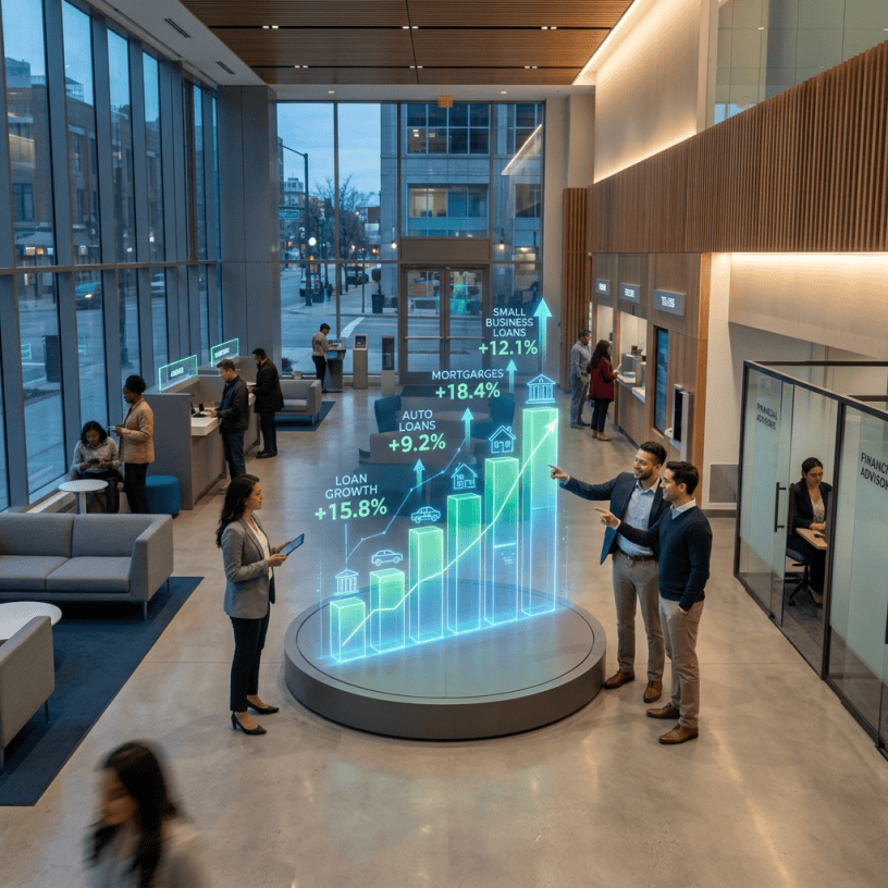 Holographic bar chart showing loan growth percentages in a bank lobby with people interacting