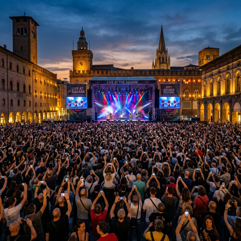 Crowd watching live concert on stage with colorful lights in historic city square at dusk