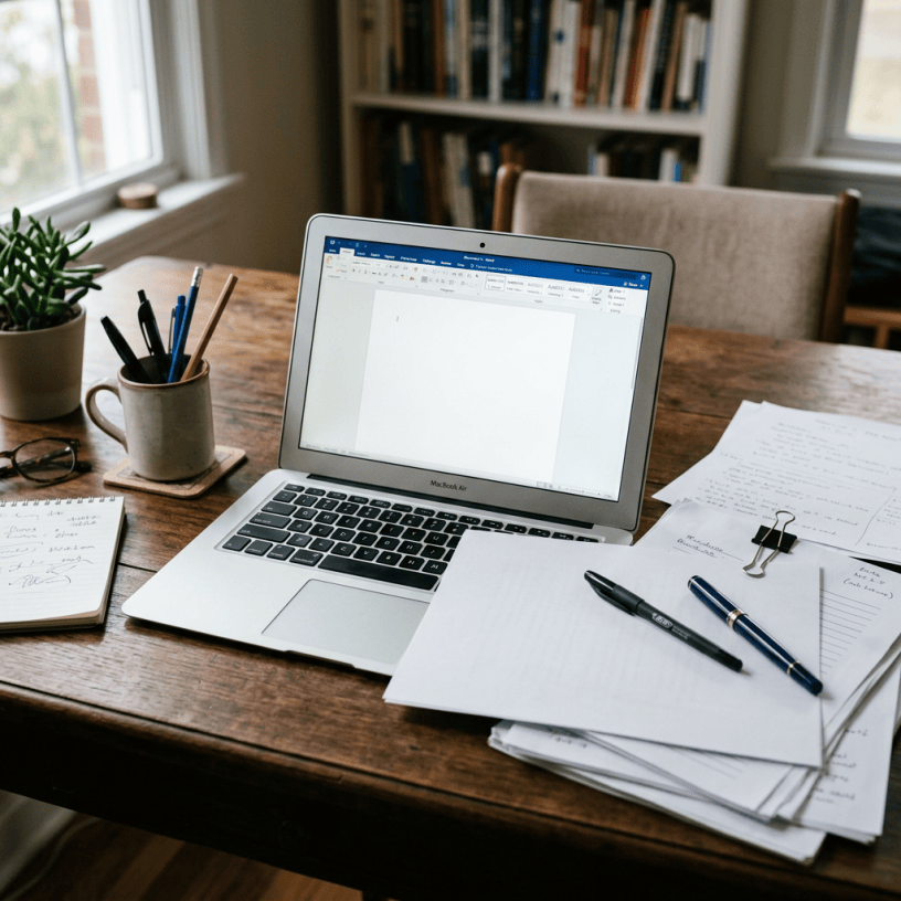 Laptop open displaying blank document with pens and papers on wooden desk