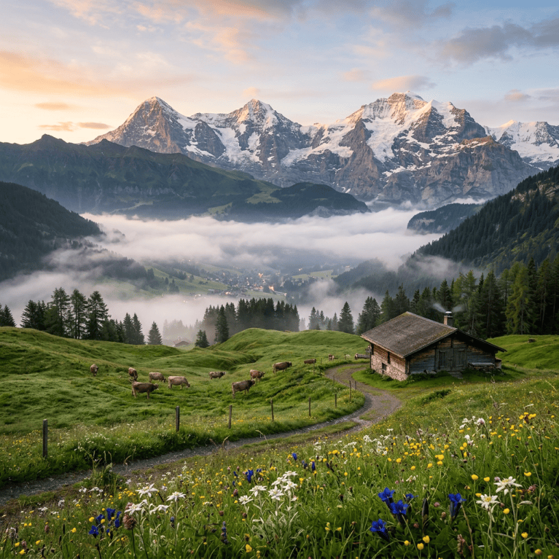 Alpine valley with wildflowers, cows grazing, a wooden cabin, mist, and snow-covered mountains