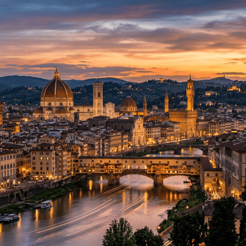 Florence cityscape at sunset featuring the Duomo, bell tower, and Ponte Vecchio over the Arno River