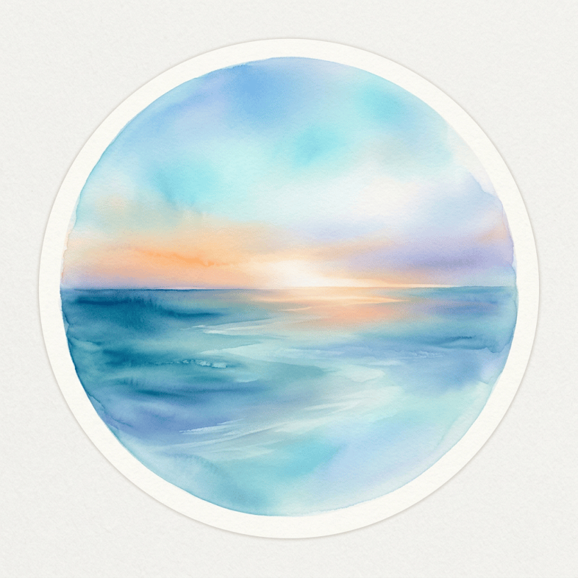 Watercolor painting of ocean with blue water and orange sunset sky